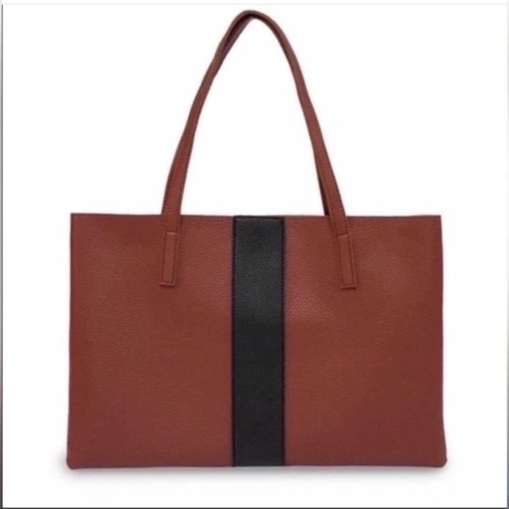 Vince Camuto Pebble Brown leather with black leather strip shoulder bag. - Picture 3 of 7